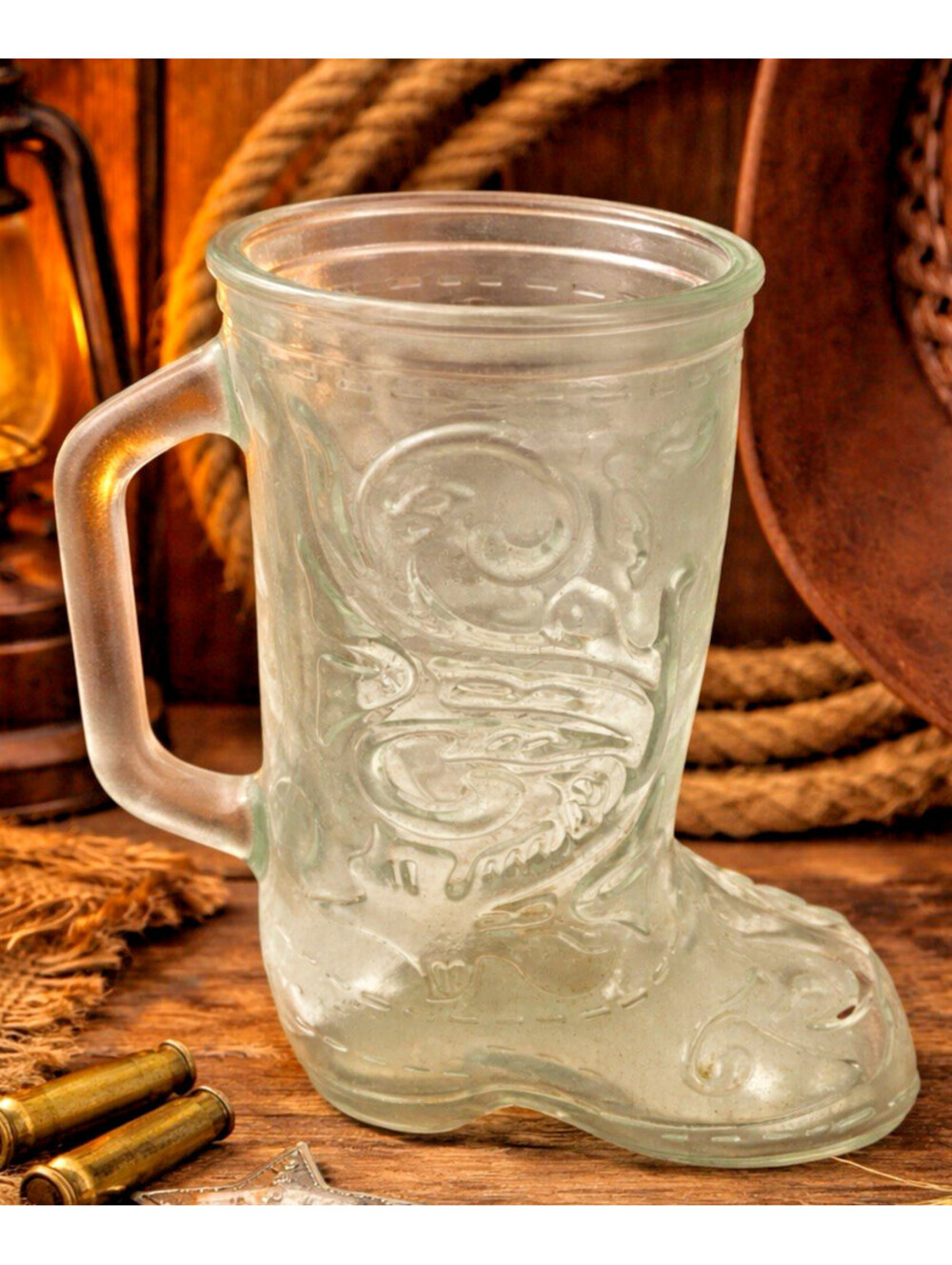 Vintage Clear Glass Cowboy Boot Beer Mug Stein Western Embossed 3D Design